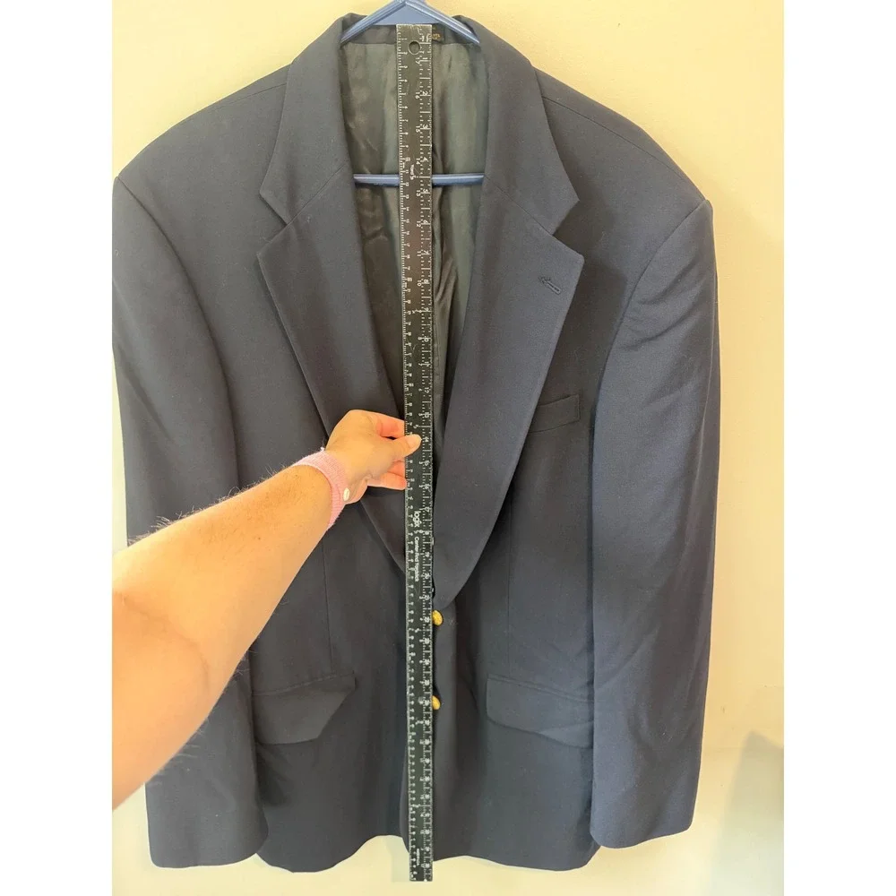 Deansgate Tailors Row‎ Mens 44L Navy Blue Worsted Wool Blazer Gold Crest Button